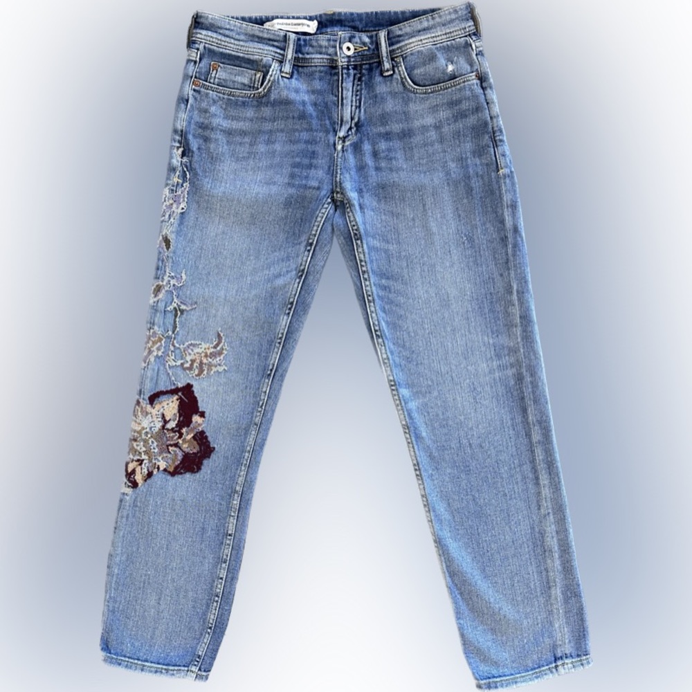Anthropologie Light Blue Straight Leg Jeans with Floral Patch